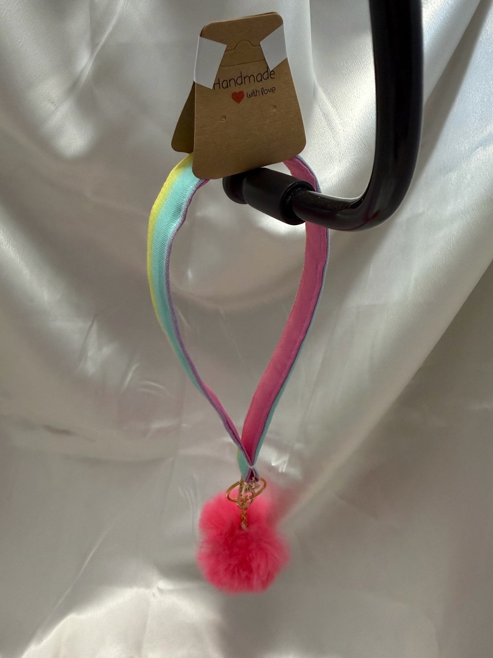 Handmade Rainbow Wristlet Keychain with Bright Pink Pompom